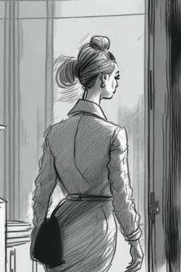 woman with a bun walking away out of someone's office with big windows sketch style