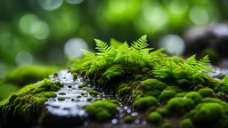 Moss on a wet rock, Forest, ferns,Bokeh Background, dramatic scene