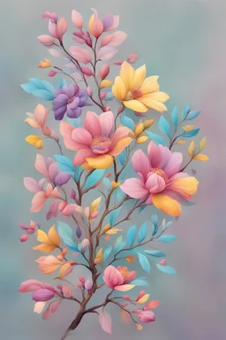 floral branch with pink, purple, yellow,red, turquoise pastel colours
