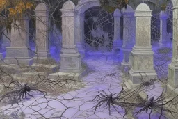 A light purple graveyard with spiders and webs designed in ancient Egyptian pottery painted by Claude Monet