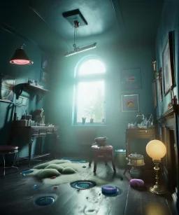 Ultra Realistic Room image with big sweet monster, Kandinsky artist style, highly detailed, unreal engine 5, RTX, ultra detail, volumetric lighting, finely drawn, high definition, high resolution.