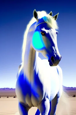 Radioactive white horse with blue glowing eyes, storming through the mojave desert