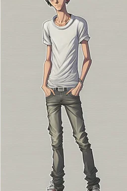 Teen man, black hair, perfect face, style of tomer hanuka, jeans, white, t-shirt, pompadour. standing, full body