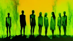 a painting of three people standing next to each other, an acrylic painting, trending on cg society, yellow and limegreen color scheme, monoliths, siluettes, in a row, detailled light, group of people, trending on artstion, female forms, smoldering, suns, chambers