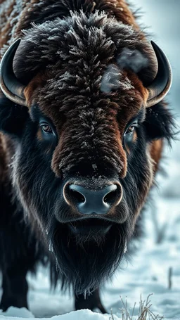 A majestic front view close-up portrait of a bison on a frosty morning, its thick fur coated with frost and icicles, steam gently billowing from its nostrils against a serene snowy backdrop. The lighting emphasizes the texture of the bison's fur and the icy details while creating a moody and tranquil atmosphere.