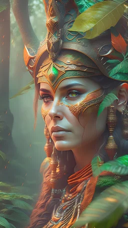 Photoreal close-up Diablo sorceress clad in orange and green in kurast jungle temple by early morning mist