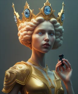 Statue of Queen of photography holding camera in hands. Cute blonde woman. Photographer in golden crown. Standing on the street. Big camera in her hand. hyperdetailed, photorealistic, trending on artstation, greg rutkowski, beksinski, kodachrome, volumetric lighting, gold and cyan