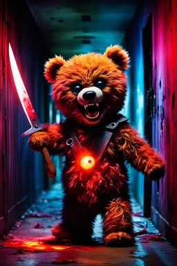 A maniacally laughing psycho evil teddy bear holding a knife, his one eyeball (made of a button and thread) hangs down his furry face, creepy, nightmarish, scary and surreal, the background is a bloody hallway erupted with bright multi-color flames, animatronic, cartoonist, absurdist, exaggerated, character design, horror cut v.I, horror art, five nights at Freddy, similar art to chucky, garbage art, graphic novel illustration style, videogame art, post modern cartoon, trending on artstation, Ka