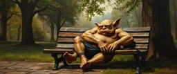 master oil painting by Rembrandt, fat orc gremlin sleeping on a bench in the park