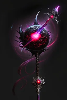 A sorceress evil staff that is a mix colors of red and black crystals and sharp edges, with black aura swirling around it, a black universe color orb ontop of the staff