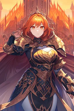 Dark Paladin, orange hair, orange eyes, standing in front of dark castle, Female