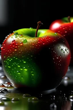 нарисуй натюрморт, красное и зеленое яблоко, сочное, вкусное. Капельки воды на яблоке. Свет утренний из окра отражается в капельках воды и на поверхности стола и яблоках