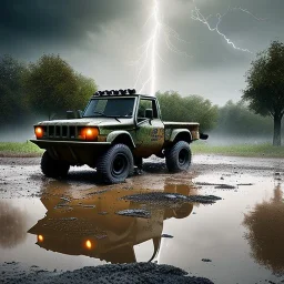 hyperrealistic shot, muddy military toy truck, monotone color palette, sharp focus, puddle reflection, tire mud splash, refraction, mist on the horizon, lightning, shadowcast, detailed and intricate, cinematic composition, micro, tilt shift photography