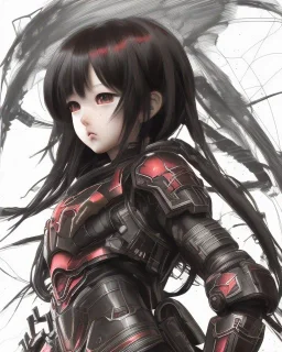 Detailed anime child girl, dark brown hair, black and red dragon scale armour, intricate details, full body portrait, keep head in frame, slight smile, black Japanese motif, concept art, highly detailed, digital painting, concept art, sharp focus, illustration, art by Yoji Shinkawa, WLOP and greg rutkowski and alphonse mucha and artgerm and yanjun Chen and Junji ito and Makoto Shinkai, HDR, octane render