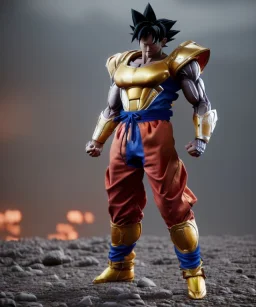 Goku, metal golden armor, defined muscles, shirtless