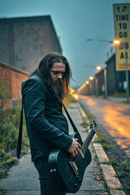 a very disappointed member with guitar case, dark long hair and beard of a death hard rock band who has been kicked out of a rehearsal space in Sweden, old factories style with bricks, deserted place overgrown plants and grass, he stands outside in the rain and cries, street lamps shining, raindrops, wind, empty roads and cycle paths next to it, really bad weather, "TIME TO GO HOME" on a sign