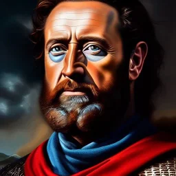 Ultra detailed fullbody Portrait in oil on canvas of William Wallace with armor,helmet,extremely detailed digital painting,ultrarealistic skin,intense stare, extremely detailed face, crystal clear eyes, mystical colors ,perfectly centered image, perfect composition, rim light, beautiful lighting,masterpiece ,8k, stunning scene, raytracing, anatomically correct, in the style of Simon Bisley and Ohrai Noriyoshi and robert e howard and Steve Jung and Wizyakuza and uncannyknack.