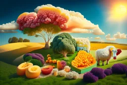 lifelike photography, vegetable and fruit landscape, broccoli forest, chive field, cauliflower sheep, orange sun, whipped milk clouds, raspberry flowers, cheese barn and haystack in sunshine, surrealistic