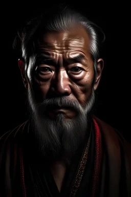 an old warrior facing front face, with intellectual attire dark background