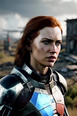 ultrarealistic, ruined city,__mass effect armor__, __angles__, 19 year old woman, strikingly beautiful, ginger hair, silver colour, [__starlets__|__starlets__], (pale __skincolor__ skin:1.2), __camera__, _hair_, detailed face and eyes, medium breasts, leather choker, freckles, dynamic pose, resolved expression, __accessory__, strappy outfit, (straps:1.1), sword in scabard on left hip, (buckles, buttons, snaps, rings:1.0), haltertop style breastplate, detailed eyes, plump lips, sci-fi theme