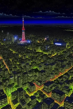 birds eye view of tokyo at nigh in the style of hiroku ogai