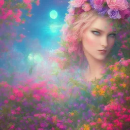 bright fairy in a flowery landscape synthwave, colorful, psychedelic, artstation, concept fairy art, smooth, extremely sharp detail, finely tuned detail, ultra high definition, 8 k