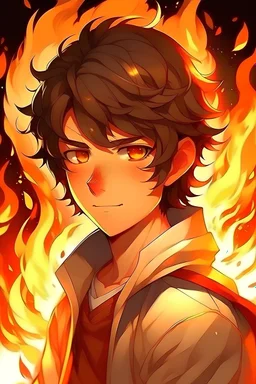 17 year old boy, white, brunette, fluffy hair, fire themed character with fire powers, hot, brown eyes in comic style