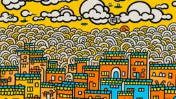 A pale orange Arabian city with spinning clouds painted by Keith Haring