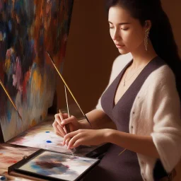 Close up of Beautiful female artist painting a self portrait in her attic studio, dramatic light, shadows