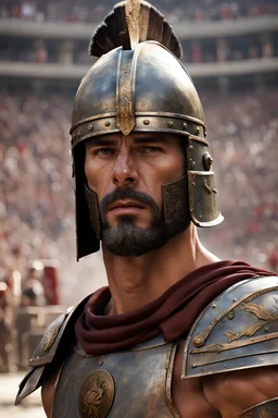 Gladiatore (con elmo chiuso e visto da davanti; mezzo busto); sfondo arena