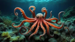 animals creatures, plants from subanautica from deep sea, octopus leviathan's a lot of sea plants very deep, beautiful, river of magma, green and blue.