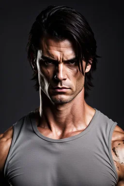 Portrait of a 35 year old muscular evil male with medium length dark hair. scarred face. scowling expression, wearing a tight fitting teeshirt