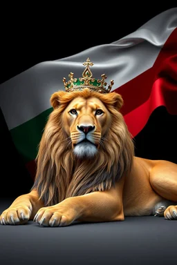 Create A hyper-realistic highly detailed, 3D-rendered image of a majestic lion lying down, wearing a royal crown. The lion's fur should be rich and textured, with a regal and powerful presence. Behind the lion, the flag of the Republic of Bulgaria(white, green,red) waves gracefully, its white, green, and red colors vivid and well-defined. The background should be an elegant, deep black, creating a striking contrast that enhances the grandeur of the lion and the flag. The lighting should be drama