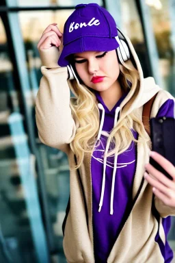 blonde taking selfie.thick thighs,thick calves,flat belly,curvy fell. NOVEL kind of hoodie, form which condescends with integrated bag[SIC]. It is sewed together of camouflage pieces, whose color are all denim colors,cream, brown and purple. Big colored headphones (gold rings!) is merged with small felt cap with small visor. Big bright purple felt tippet and birght-colored-hood is merged with colorful beanie. Inside is orange. Style: 1990's Finland