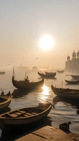 Qaitbay Citadel in Alexandria, fishermen’s boats anchored around it, fishermen putting fishing nets on their boats, fog covering the place, the moment the sun rises