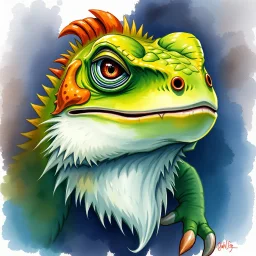 dnd, fantasy, watercolour, humongous strokes, stylistic, portrait, illustration, furry, lizard, personable face, cartoony