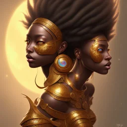 sango fantasy, fantasy magic, intricate, sharp focus, illustration, highly detailed, digital painting, concept art, matte, masterpiece head sexy view black African beauty black afro hair space lady gold carp skin African space night