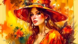 Vintage art, brown and orange shades, sunny day, straw hat for woman, summer dress, splashes of art, in the style of Dante Gabriel Rossetti, Yossi Kotler, Camilla D'Errico, masterpiece, fine art in the style of Carne Griffiths, Paula Hoppe