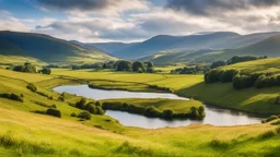 View in the English Lake District with beautiful sky, late afternoon sunshine, stone walls enclosing the fields, mountains and U-shaped valleys, river, lake, calm, peaceful, tranquil, rule of thirds, beautiful composition, exquisite detail