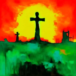 Graveyard on fire, celtic cross gravestones, deconstructed angel of death silhouette: deconstructed color field oil painting in the styles of Mark Rothko, sloppy brushstrokes,