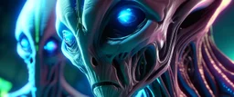 Close-up confrontation between an ancient alien outcast leader and a space broker, standing only a meter apart, intense eye contact, glowing crystalline rod between them, anger mixed with sadness, dramatic facial expressions, shallow depth of field, cinematic lighting, stylized 3D anime, airbrush painting, crisp outlines