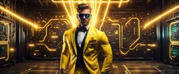 Hyper Realistic handsome muscular Electric-Superhero wearing long-fancy-yellow-tuxedo & fancy-sunglasses in a dark-rustic-circuit-room with electric-sparks-&-rays & a massive circuit-board-wall showing dramatic & cinematic ambiance.