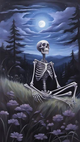 A oil painting of a skeleton sitting in the grass on the top of a hill, lookin into the night sky. A Forrest in the background. Painting. Purple colours. Blue colours. Night. Melancholic mood. Colorful.Pastel colours. Masterpiece.