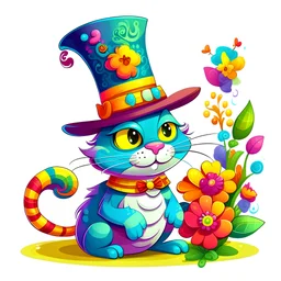 A comical and playful cartoon chemistry cat, exuding a vibrant and engaging presence. Its skin appears smooth and glossy, accentuating its round and plump figure. The pepper's most striking feature, however, is the colorful hat it wears. This hat, adorned with a bright and festive array of flowers, ribbons, and other decorative elements, sits atop its head at a jaunty angle, adding a touch of whimsy and charm to its overall appearance,white background