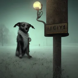 sad, abandoned, miserable dog tied to a pole on a lonely highway, the Grim Reaper in the distance, 8k resolution, high-quality, fine-detail, iridescent, intricate, digital art, detailed matte, volumetric lighting, illustration, 3D octane render, brian froud, howard lyon, selina french, anna dittmann, annie stokes, lisa parker, greg rutowski