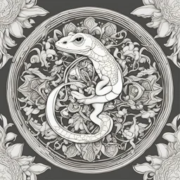 outline art, coloring pages, white Background, Black line, sketch style, only use outline, mandala stile, clean line art, white background, no shadow and clear and well, LIZARD MANDALA