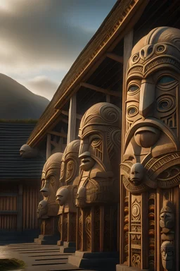 Mediaeval town where the architecture is all New Zealand Maori style weathered aged massive Tiki statues Teko line the street to the horizon ancient Polynesian motifs designs repeat throughout low mist late afternoon summer New Zealand North Island whare photoreal 4k 125mm nikon