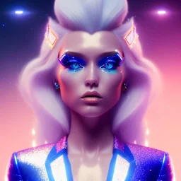 galactic girl, glitter blue and white suit with jewels, blond hair, blue eyes, cinematic lights, HQ, 4k, high details