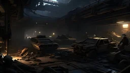 dark cyberpunk fantasy junkyard filled with broken robots