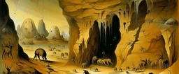 A tan cavern with moles designed in cave paintings painted by Salvador Dali